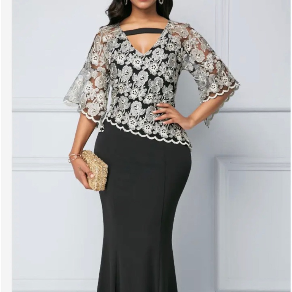 Women Elegant Long Mermaid Set Dress Sexy V Neck See Through   Pullover Lace